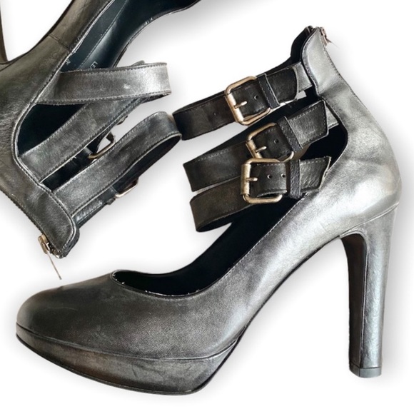 J Crew Loxley Buckle Platform Leather Heels Size 6.5 Black Gray Distressed Italy - Picture 6 of 9